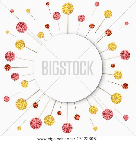 Brithday Concept - Holiday Candy Food Top View. Various Sweet Candy on White Background. Birthday Decoration. Minimal Holiday Birthday Concept. Flat Lay