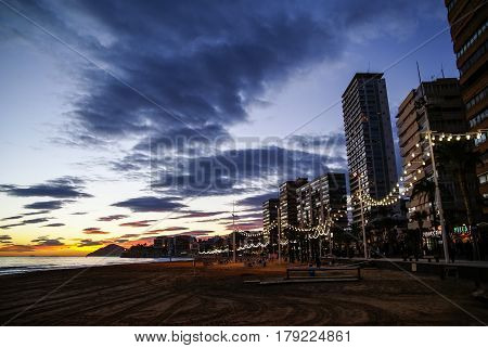 Amazing sunset sky and nightfall cityview of Benidorm, Valencia y Murcia, Spain