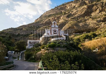 Landscape with a representative catholic church near Garganta del Chorro, Andalusia, Spain