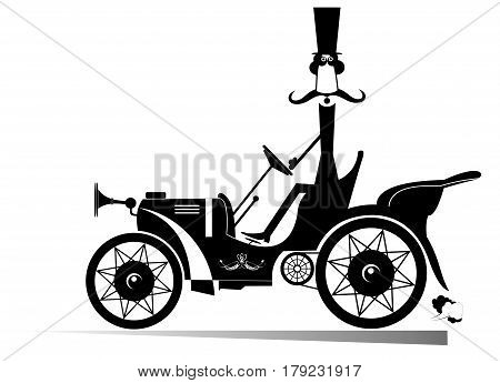 Gentleman in the retro car isolated. Smiling man in the top hat drives a retro car