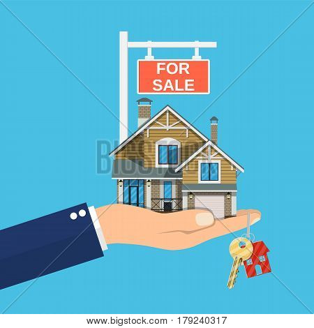 Suburban family house set in hand. Countryside wooden and brick house icon. Key. For sale placard. Real estate. Vector illustration in flat style