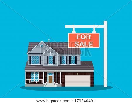Suburban family house set. Countryside wooden and brick house icon. For sale placard. Real estate. Vector illustration in flat style