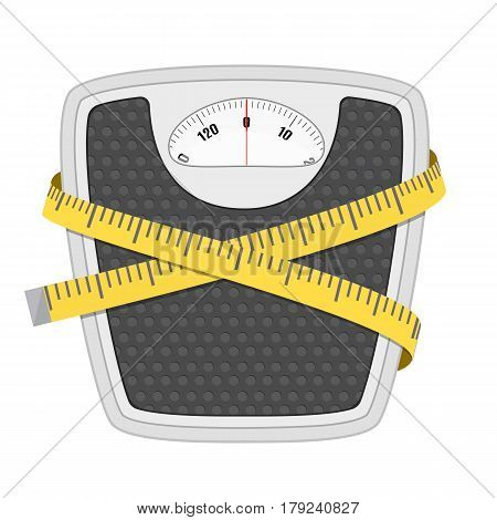 Bathroom floor weight scale and measuring tape. illustration in flat style on white background.
