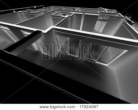 Close up rendering di un modello architettonico di un designer? s casa con cianografie arrotolato in blac
