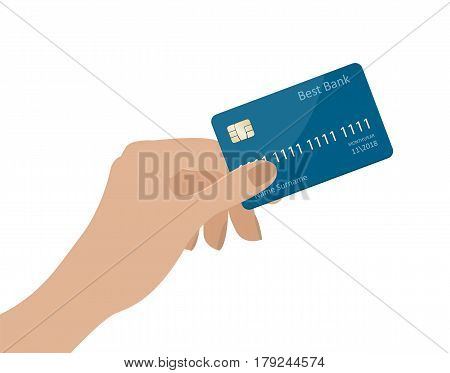 Hand holding credit card. Vector illustration. Isolated on White background. Simple flat style. Design template for business payment history shopping malls web bank finance sale