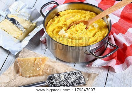 Polenta Porridge With Melted Butter In Pan