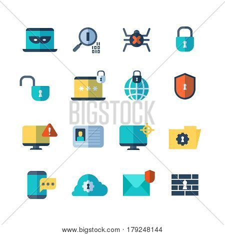 Web security, virus protection, bug checkups vector flat icons. Computer storage and protection service icon illustration