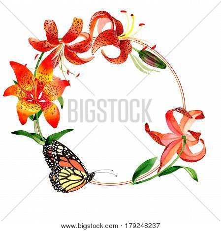 Wildflower leopard lily flower frame in a watercolor style isolated.  Aquarelle wild flower for background, texture, wrapper pattern, frame or border.