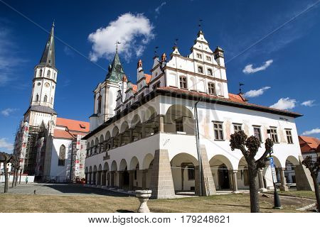 LEVOCA SLOVAKIA - MARCH 19: St. James church and town hall in historic centre of city on March 19 2017 in Levoca