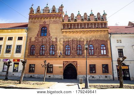 LEVOCA SLOVAKIA - MARCH 19: Thurzo house with reneissance facade in historic centre of town on March 19 2017 in Levoca
