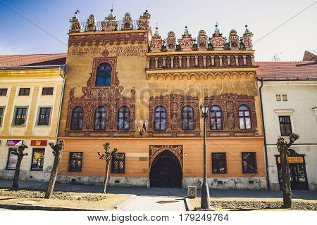 LEVOCA SLOVAKIA - MARCH 19: Thurzo house with reneissance facade in historic centre of town on March 19 2017 in Levoca