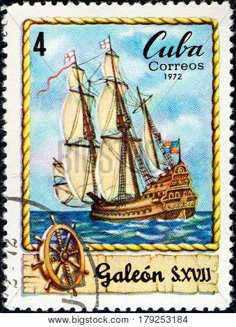 UKRAINE - CIRCA 2017: A postage stamp printed in Cuba shows Sailing vessel Galleon of XVII century circa 1972