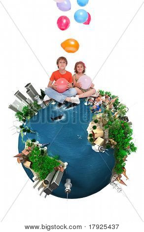 Bambini seduti sulla cima di una terra felice lancio palloncini