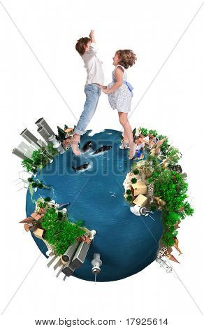 Ragazzo e ragazza felicemente salto in un mondo mappa ecologia orientato