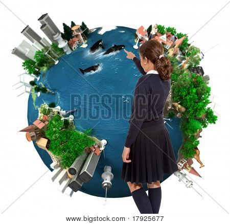 Giovane studentessa che punta a un'ecologia mappa mondo orientata