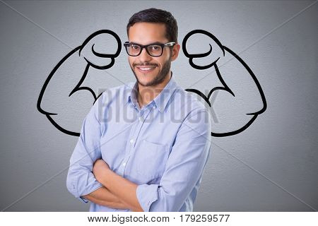 Digital composite of confident business man against grey background with drawing of flexing muscles