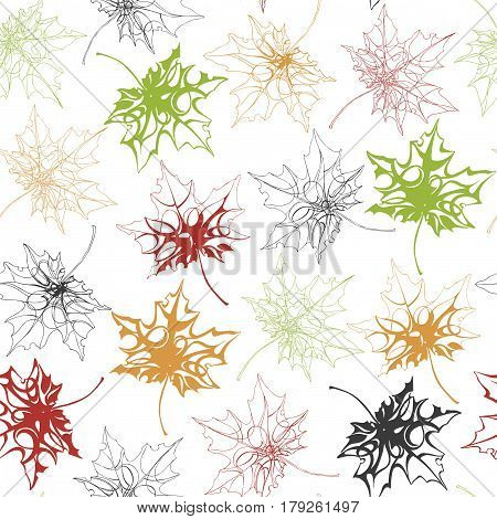Seamless vintage pattern with a colorful maple leaves on a white background.