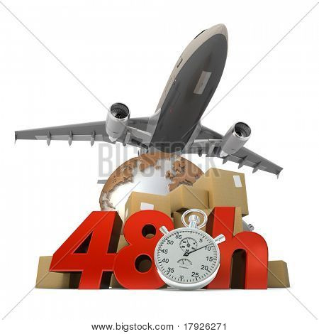3D แสดงของกองแพ็คเกจรถตู้ รถบรรทุก และเครื่องบินกับคำ 48 ชั่วโมงและ chron เป็น