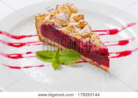 Cherry Cake With Green Mint On White Plate With Fork. Cherry Pie