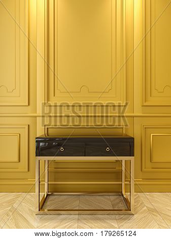 Black console with gold in classic yellow interior. 3d render illustration.