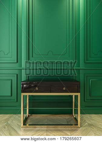 Black console with gold in classic green interior. 3d render illustration.