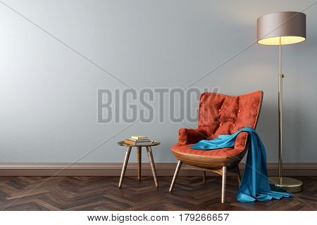 Orange armchair floor lamp coffee table in empty room mock up 3d illustration