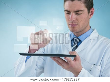 Digital composite of Man in lab coat holding up tablet with square interface against blue background