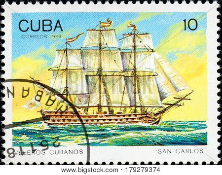 UKRAINE - CIRCA 2017: A postage stamp printed in Cuba shows sailing ship San Carlos from the series Cuban sailboats circa 1989