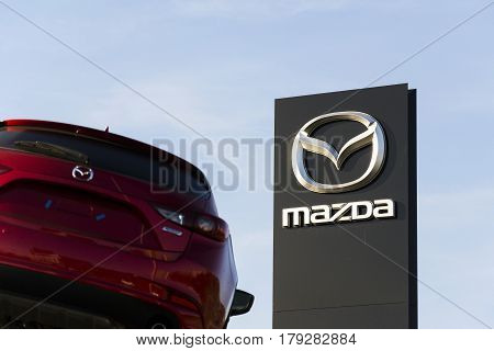 Prague, Czech Republic - March 31: Mazda 3 Car In Front Of Dealership Building On March 31, 2017 In