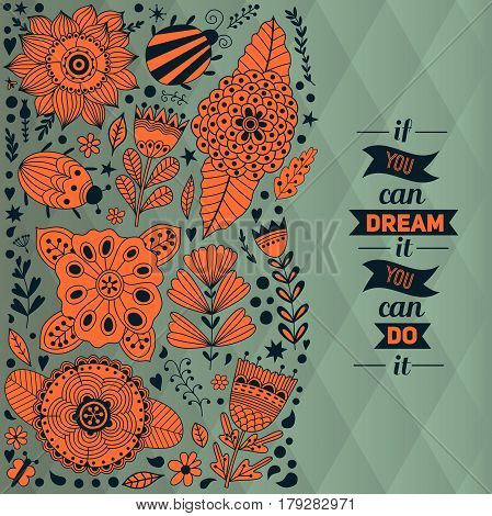 Floral card design, flowers and leaf doodle elements. Illustration made of flowers and herbs. Vector decorative invitation. Spring elements. Floral doodles.