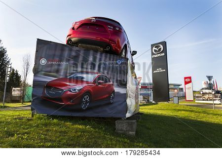 Prague, Czech Republic - March 31: Mazda 3 Car In Front Of Dealership Building On March 31, 2017 In