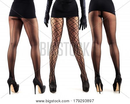 Sexy female legs in beautiful stylish stockings and high heels shoes black gloves and dress isolated on white background collage of three models