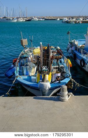 Fishing boat moored at the fishing village of Zygi in Cyprus.