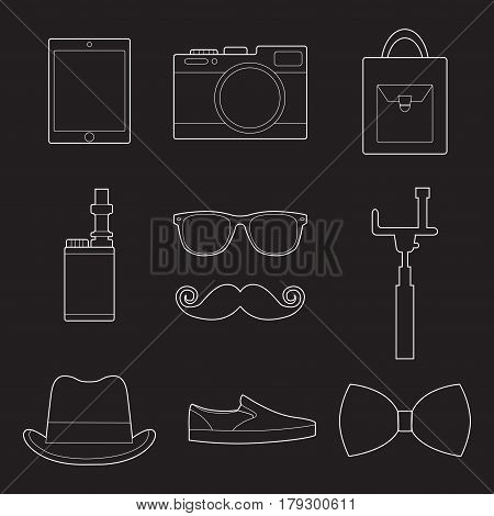 Set of simple hipster accessory line art icons on black background vector illustration