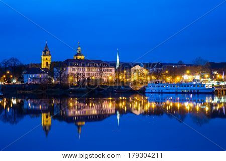 The Night Landscape On The River In Hamelin,germany