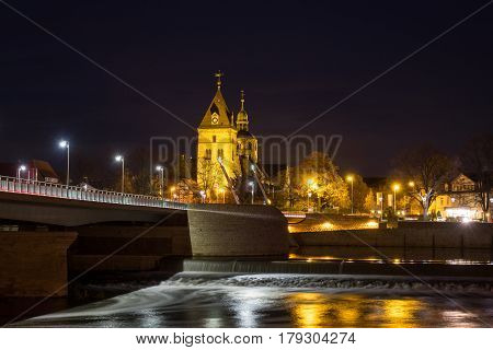 The Night Landscape On The River In Hamelin,germany