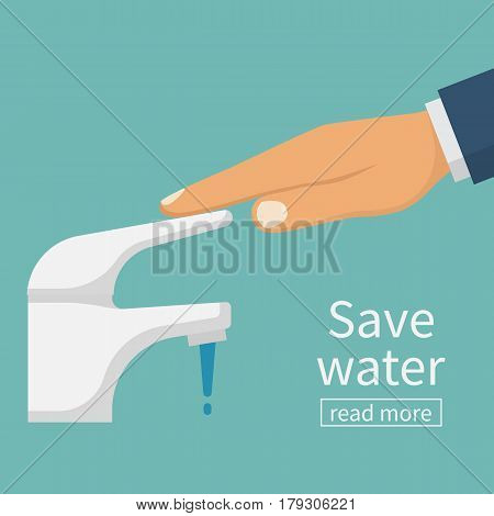 Save water concept. The man closes hand faucet. Shut off the water. Vector illustration flat design. Isolated on background. Care for saving resources.