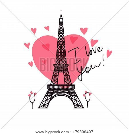 Valentine's Day. Illustration black Eiffel Tower. Pink heart romantic spots. Vector decorations isolated on white background.