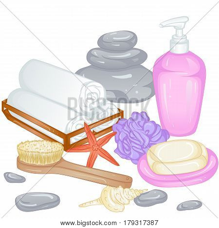 Accessories for spa and baths, sauna. Towels, soap, liquid soap, loofah, brush. Vector illustration isolated on white background