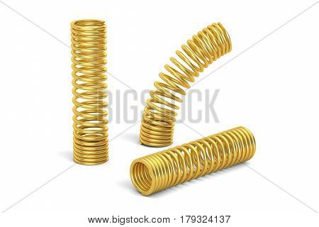 Set of golden helical coil springs 3D rendering isolated on white background