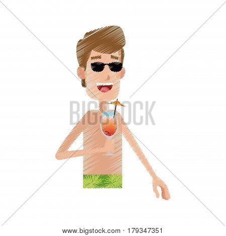 young topless man holding cocktail cartoon icon image vector illustration design