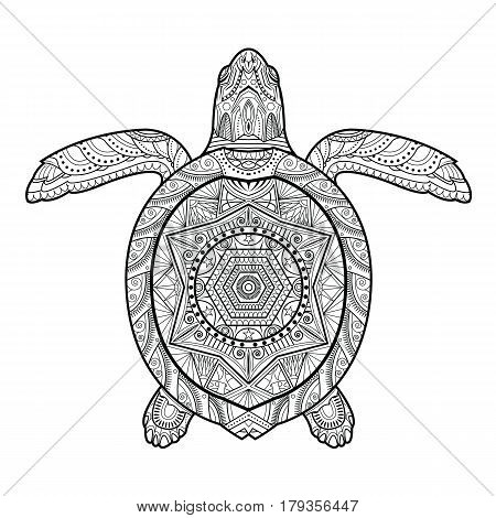 Stylized underwater turtle (tortoise) isolated on white background. Freehand sketch for adult anti stress coloring book page with doodle