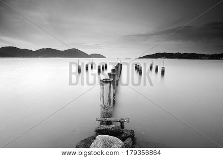 Beautiful Sunset View With Wooden Jetty At Marina Island, Lumut Perak Malaysia. Nature Composition