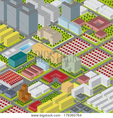 A colorful vector graphic illustration of a modern big city