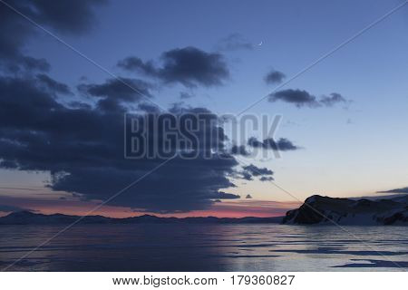 Lake Baikal. Winter Sunset Landscape. Russia