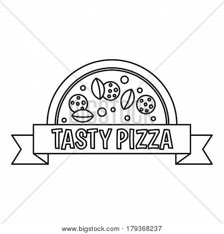 Tasty pizza badge with ribbon icon. Outline illustration of tasty pizza badge with ribbon vector icon for web