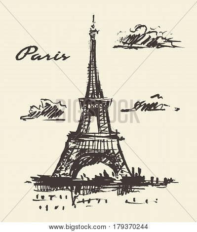 Eiffel Tower Paris France architecture vintage illustration, hand drawn