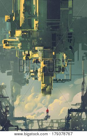 man standing on structure against sci-fi buildings floating in the sky, illustration painting