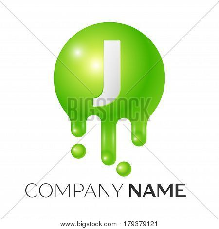 J Letter splash logo. Green dots and bubbles letter design on white background. Vector Illustration