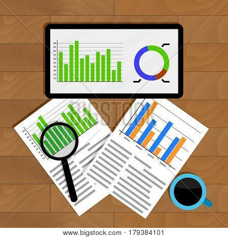 Analytics and statistics. Graph on tablet financial research and analyzing annual statistic vector illustration
